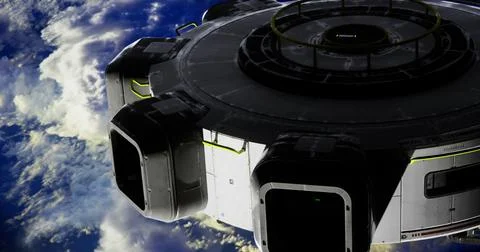 Exploration of futuristic spacecraft orbiting Earth with stunning cloud views Stock Illustration