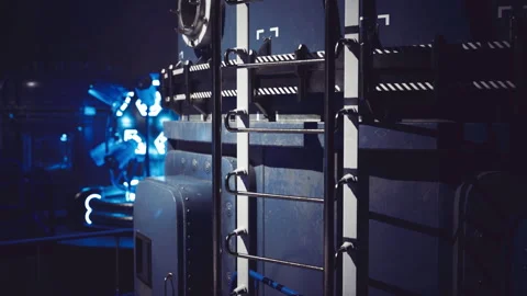 Exploration of futuristic technology in a robotics lab setting at night Stock Footage 326153791