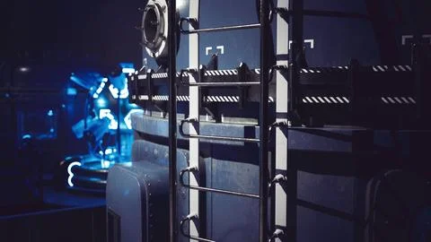 Exploration of futuristic technology in a robotics lab setting at night Illustrazione stock