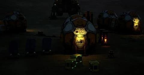 Exploration habitat on Mars during nighttime under a clear sky Stock Illustration