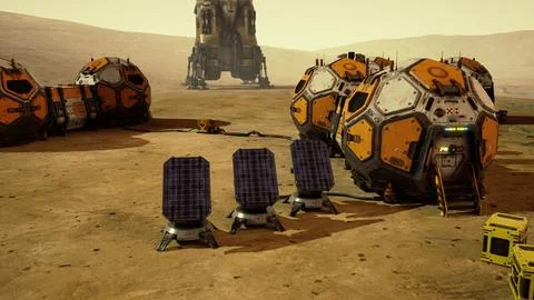 Exploration habitat setup on Mars with solar panels and landing module Stock Illustration