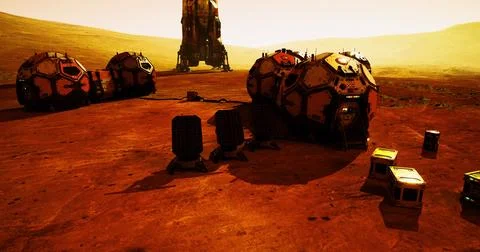 Exploration habitat setup on Mars surface during twilight hours Stockillustratie