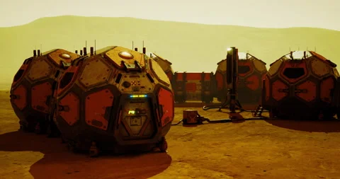Exploration habitat structures on the surface of Mars during a dust storm Stock Footage 326154052