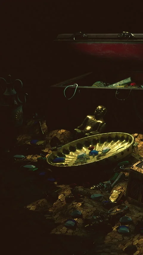 Exploration of a hidden treasure with gold items and various artifacts Stock Footage 334187309