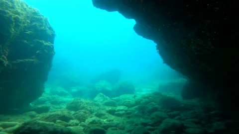 Exploration inside a cave in the waters of the Adriatic Sea Stock Footage 140927014