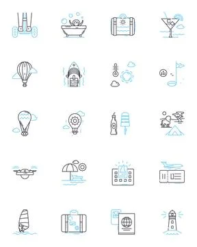 Exploration linear icons set. Adventure, Discovery, Mapping, Expedition, Pier Stock Illustration