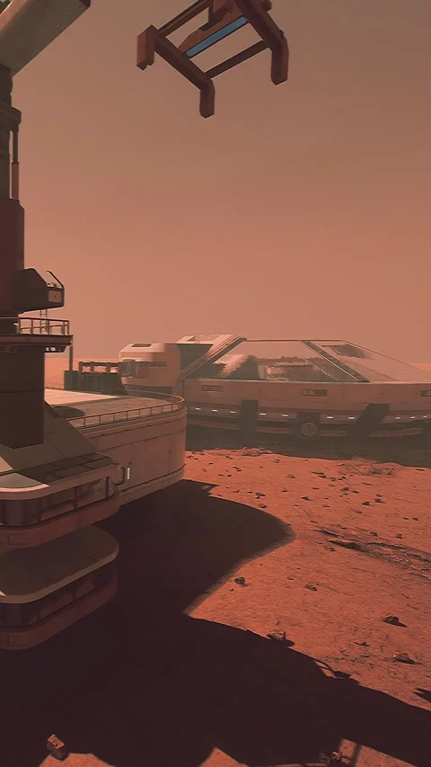 Exploration of Mars with a crane and a habitat structure at sunset Stock Footage 337952552