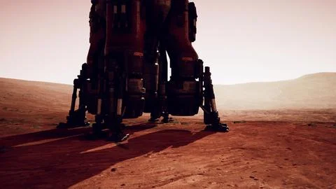 Exploration of a Martian base with advanced landing gear in the dusty terrain Stock Illustration