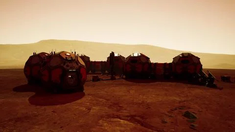 Exploration of a Martian base with habitat modules under a dusty orange sky Stock Illustration