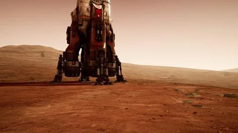 Exploration of a Martian base with landing craft under a dusty sky Illustrazione stock