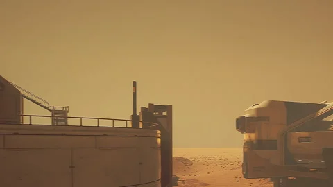 Exploration of a Martian landscape with futuristic structures and vehicles Stock Footage 344120838