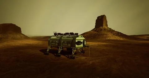 Exploration module on a distant planet with rugged terrain at twilight Stock Illustration