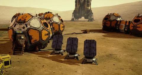 Exploration modules and solar panels on the surface of Mars Stock Illustration