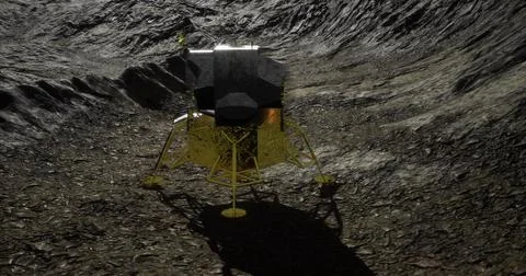 Exploration of the moons surface by a lunar lander during a clear night Ilustração Stock