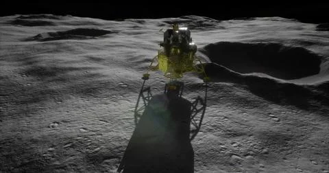 Exploration on the moons surface with a lunar module at dawn Illustrazione stock