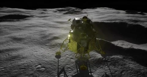 Exploration of the moons surface by a lunar module at night Ilustração Stock