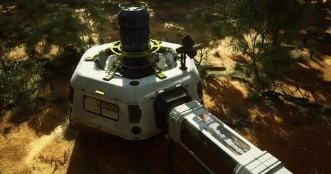 Exploration outpost set in a desert landscape with advanced technology Stock Illustration
