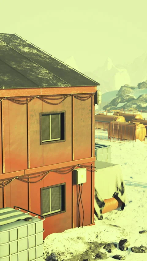 Exploration outpost in a snowy landscape during a quiet winter afternoon Stock Footage 313616661
