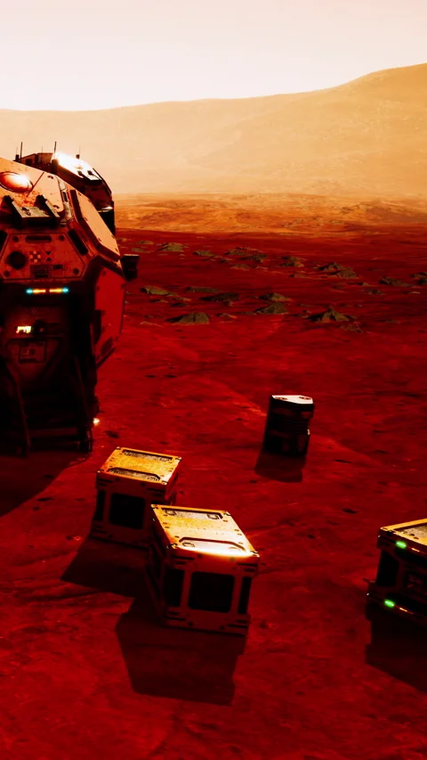 Exploration of a red planet with structures and crates on the surface Stock Footage 341042884