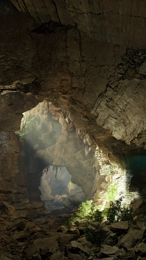 Exploration of a rocky cave with light beams and vegetation in the background Stock Footage 331752928