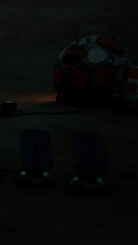 Exploration scene on a distant planet with chairs and a habitat module Stock Footage 339770341