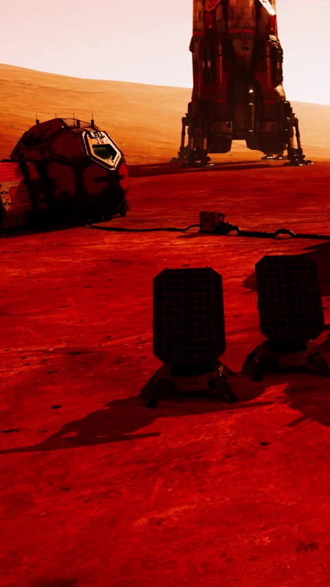 Exploration scene on Mars with equipment and landers at sunset Stock Footage 341045636