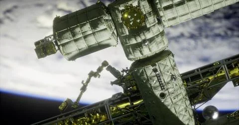 Exploration of space with a close view of a space station orbiting Earth Stock Illustration