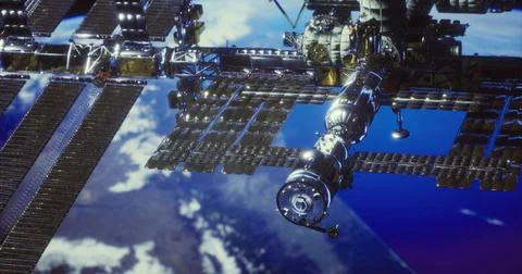 Exploration of space through the International Space Station orbiting Earth 스톡 일러스트