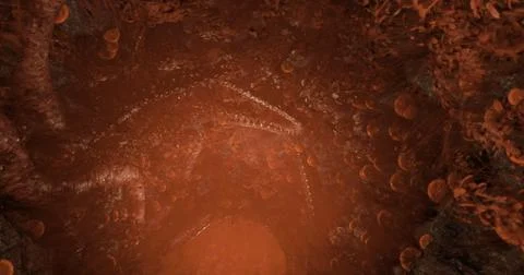 Exploration of an underground cavern filled with glowing reddish formations Ilustración de archivo