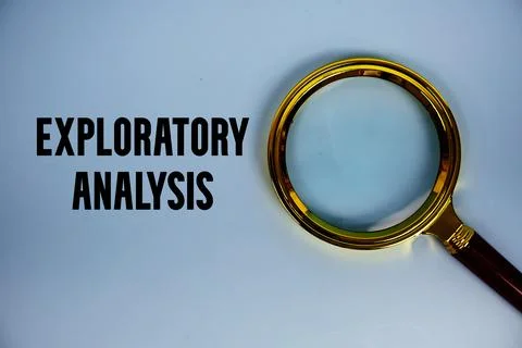 Exploratory Analysis text with magnifying glass on blue background Stock Photos