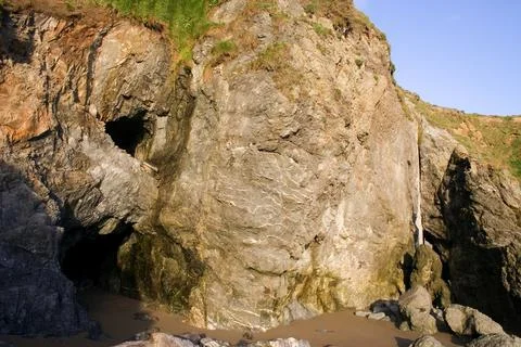Exploratory Mining Galleries In Rocks, Ladys Cove, Copper Coast, Co Waterford, Stock Photos