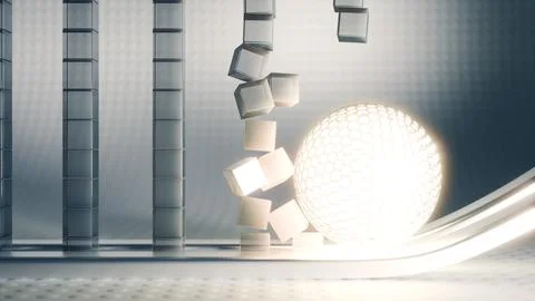 Explore 3D scene with falling cubes, glowing sphere for dynamic, futuristic Stock Illustration