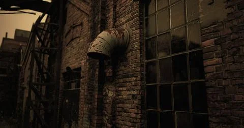 Explore abandoned warehouse with brick walls and rusty vent during dusk Stock Illustration