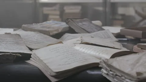 Explore ancient books covered in dust in a historic library setting Stock Footage 319058222