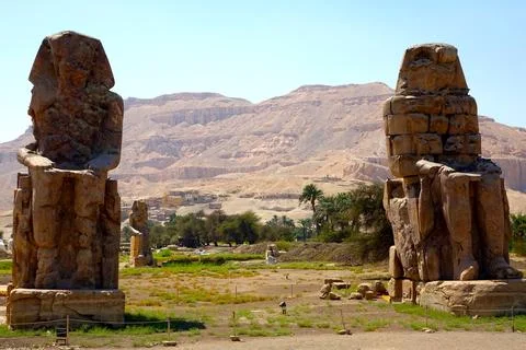 Explore the Ancient Colossi of Memnon, Monumental Statues Pharaoh Amenhotep.. Stock Photos