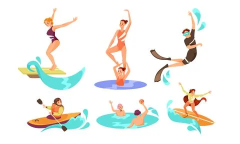 Explore an array of diverse water sports and activities set against a vibrant Stock Illustration