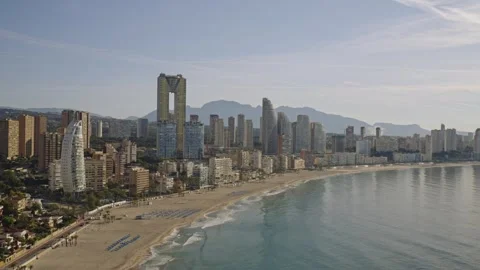 Explore Benidorm skyline with beach view and city life captured from above in th Stock Footage 337151933