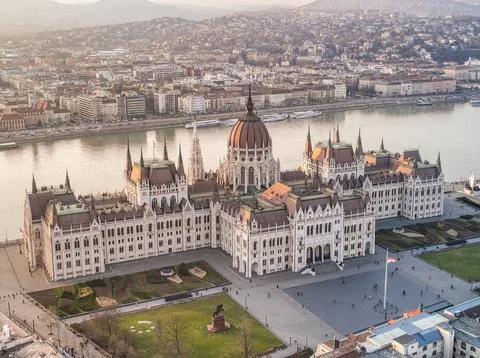 Explore Budapest from Above Aerial View of Hungarian Parliament Building an.. Stock Photos