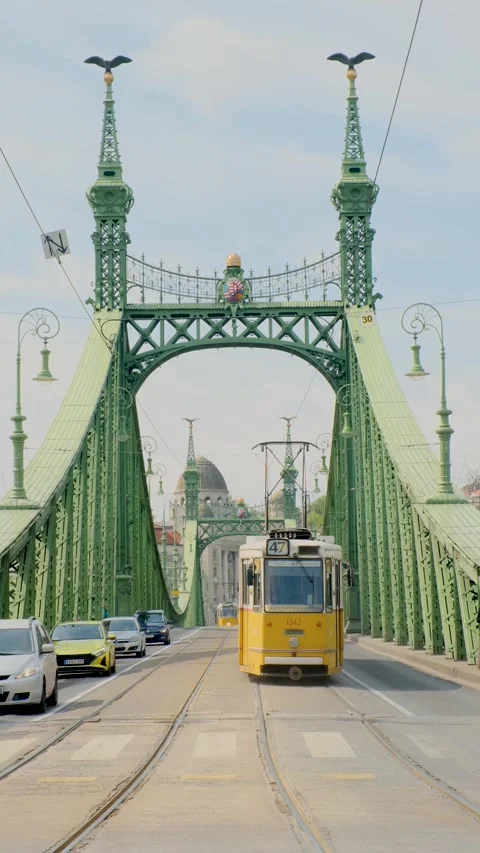 Explore budapests iconic liberty bridge and vibrant yellow tram Stock Footage 333507873