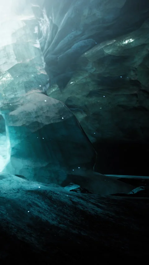 Explore a cave with glowing rocks and water under bright lights Stock Footage 337973553