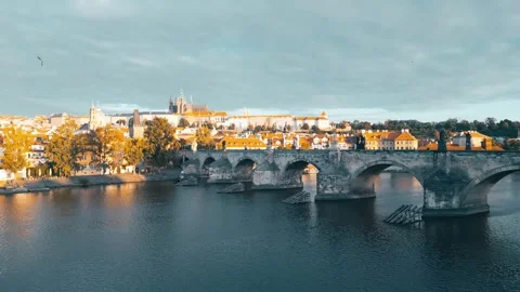 Explore Charles Bridge and Prague Castle at Dawn Stock Footage 321796093