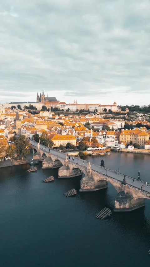 Explore Charles Bridge With Prague Castle at Dawn Stock Footage 320644281