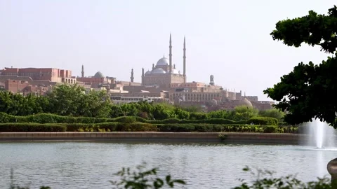 Explore Citadel of Saladin and Muhammad Ali Mosque from AlAzhar Park Views Stock Footage 317926100