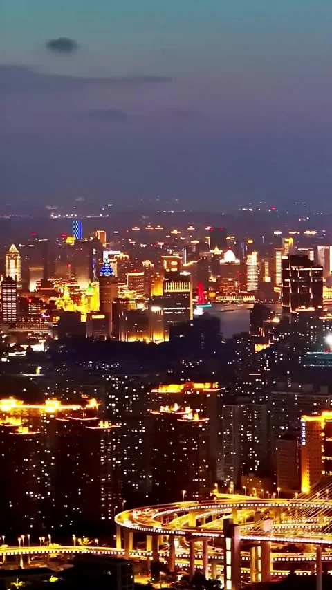 Explore the city of Shanghai at night from above the golden lights Vídeos de archivo 335074997