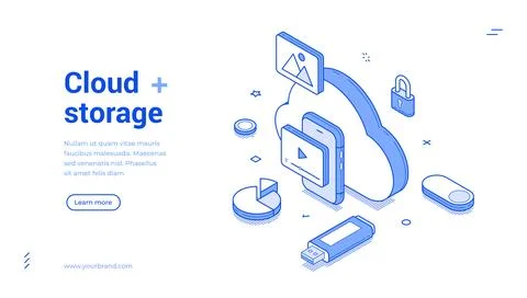Explore cloud storage solutions with modern isometric line banner design fo.. Illustrazione stock