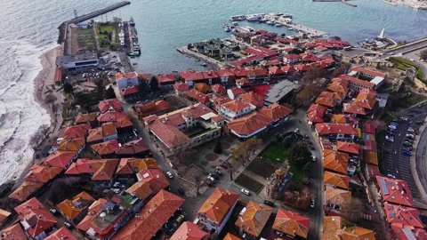 Explore the coastal area of Nesebar in Bulgaria with its red rooftops Stock Footage 335139851