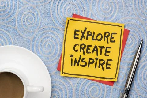 Explore, create, inspire concept on napkin explore, create, inspire- inspi... 스톡 사진