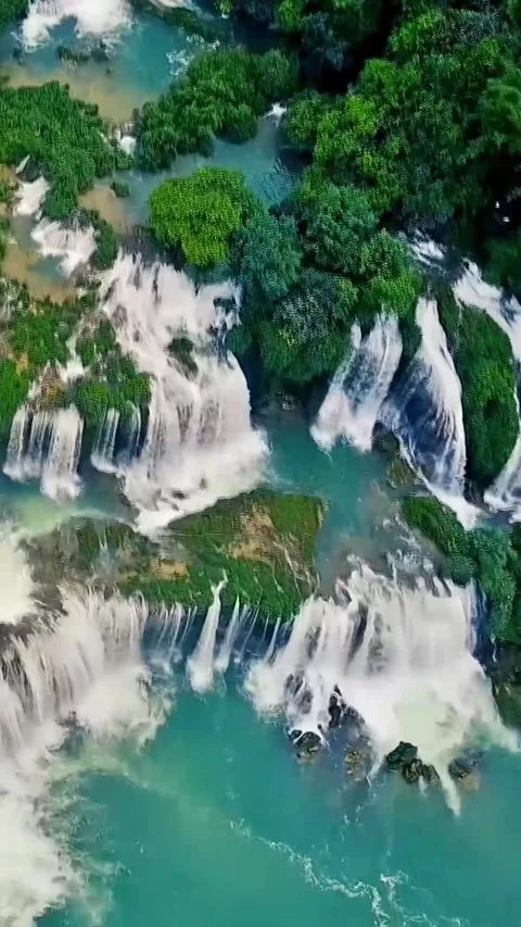 Explore Detian Waterfall in Guangxi from a stunning drone view Stock Footage 335074871
