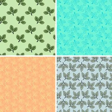 Explore four diverse seamless patterns featuring artistic leaf illustration.. 스톡 일러스트