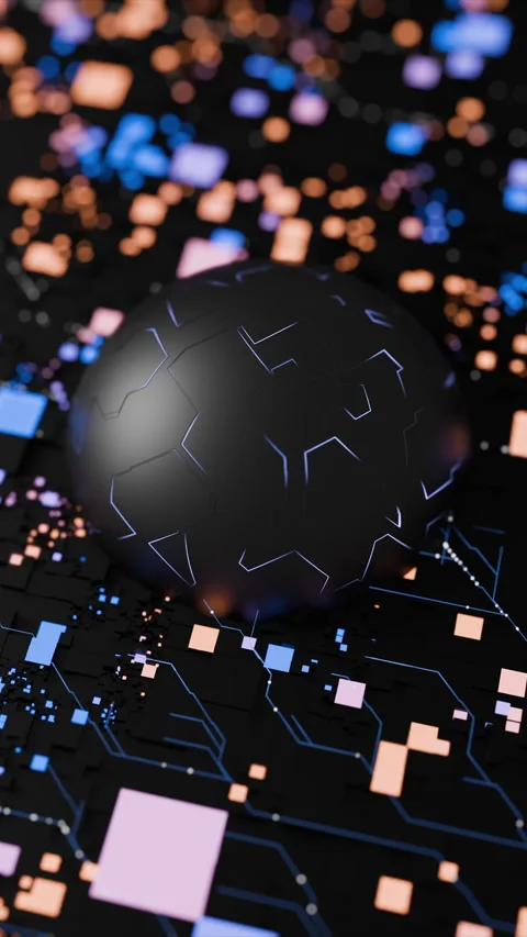 Explore the futuristic AI processor sphere on a vibrant digital circuit board Stock Footage 321955500